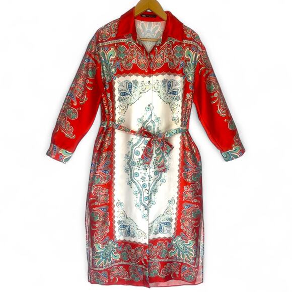 Zara Printed Shirt Dress Size S Red Multi Paisley Floral Satin Button Midi Dress - Picture 2 of 14